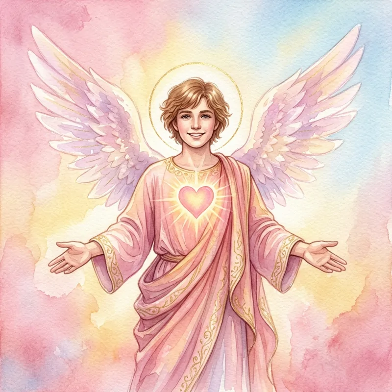 Archange Chamuel, aquarelle : un ange en robe rose, un cœur lumineux sur la poitrine, les bras ouverts