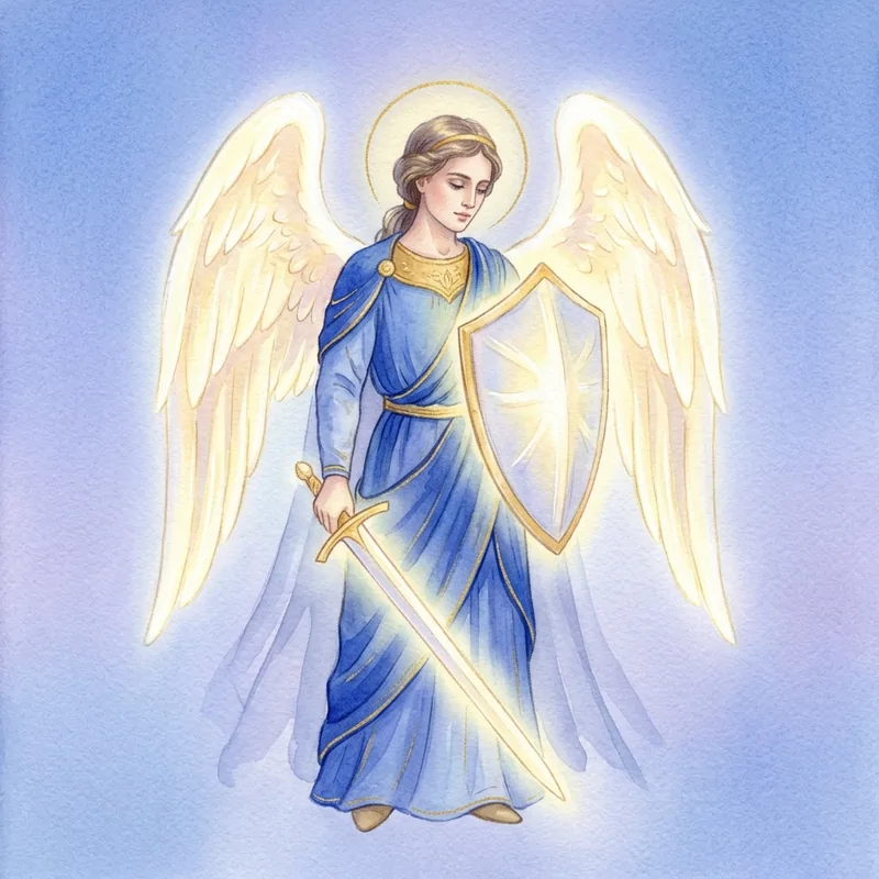 Archange Michaël, aquarelle : un ange en robe bleue tenant une épée et un bouclier lumineux, sur un ciel bleu