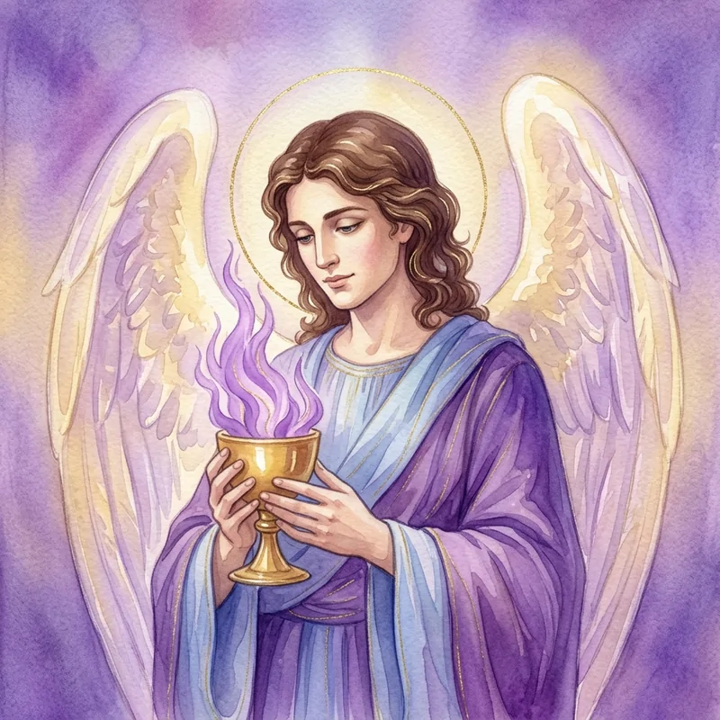 Archange Zadkiel, aquarelle : un ange en robe violette tenant une coupe dorée d'où s'élève une flamme violette